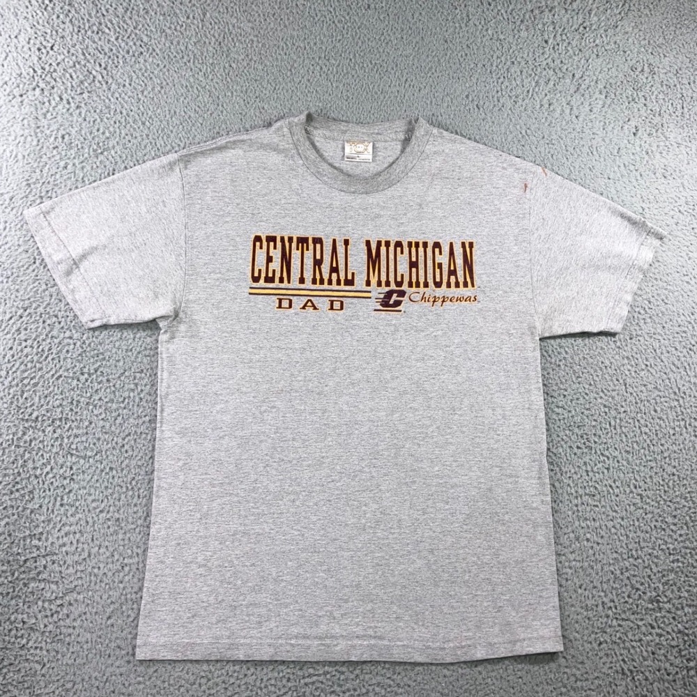 Vtg 90s Central Michigan Chippewas T-Shirt Men L Dad Gray Graphic Paint Thrashed